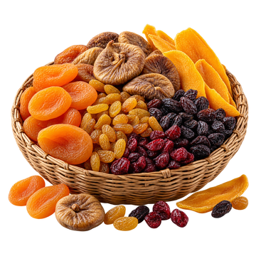 Basket of dried figs, apricots, raisins, cranberries and mango slices