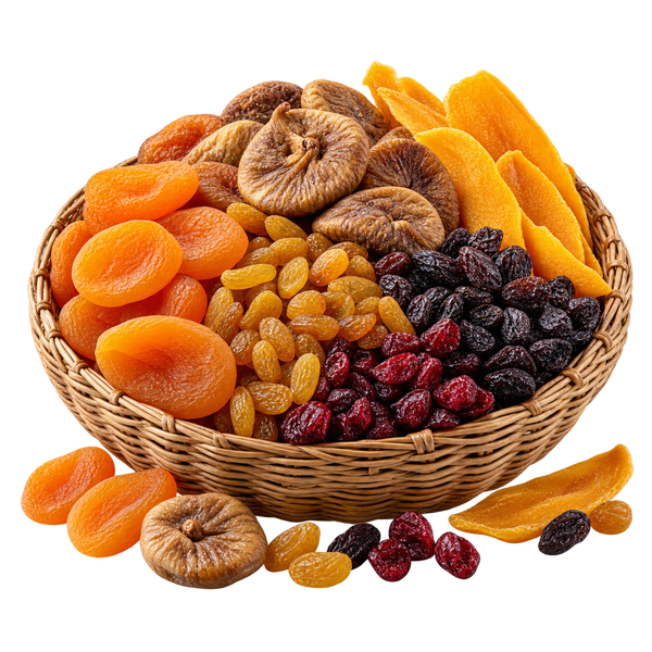 Basket of dried figs, apricots, raisins, cranberries and mango slices