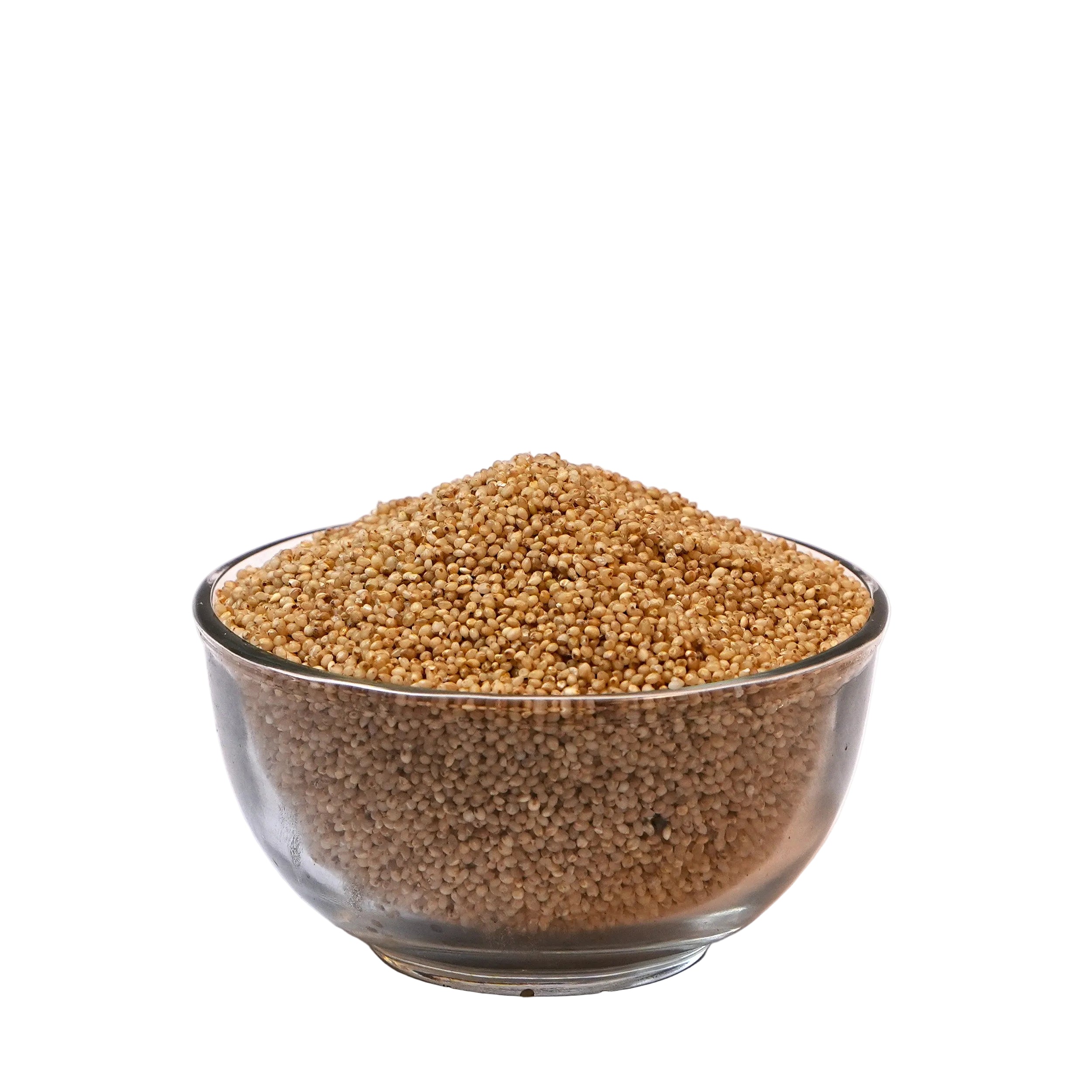 Glass bowl filled with brown seeds on a white background